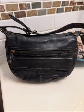 Fossil Black Leather Crossbody Shoulder Bag with Brass Hardware